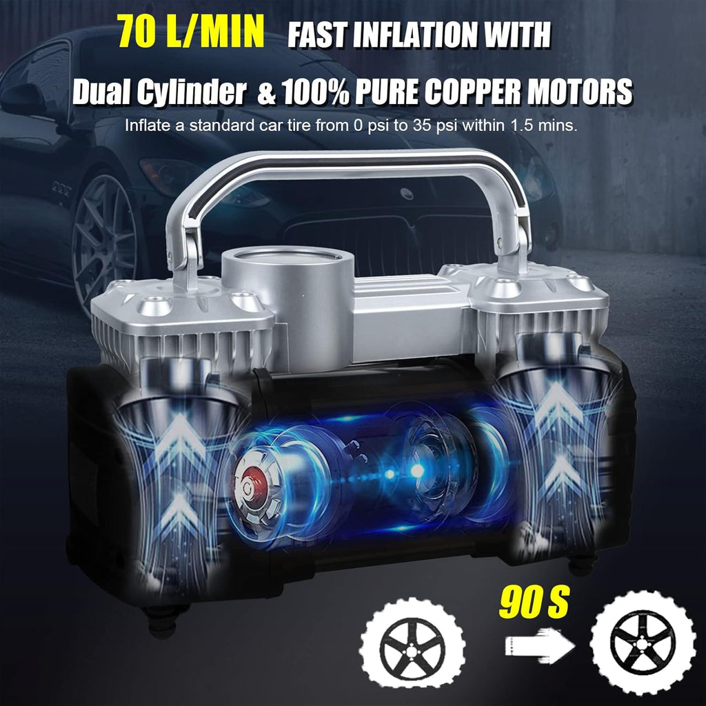 150Psi 12V Dual Cylinders Air Compressor Pump with Tire Repair Kit T8340