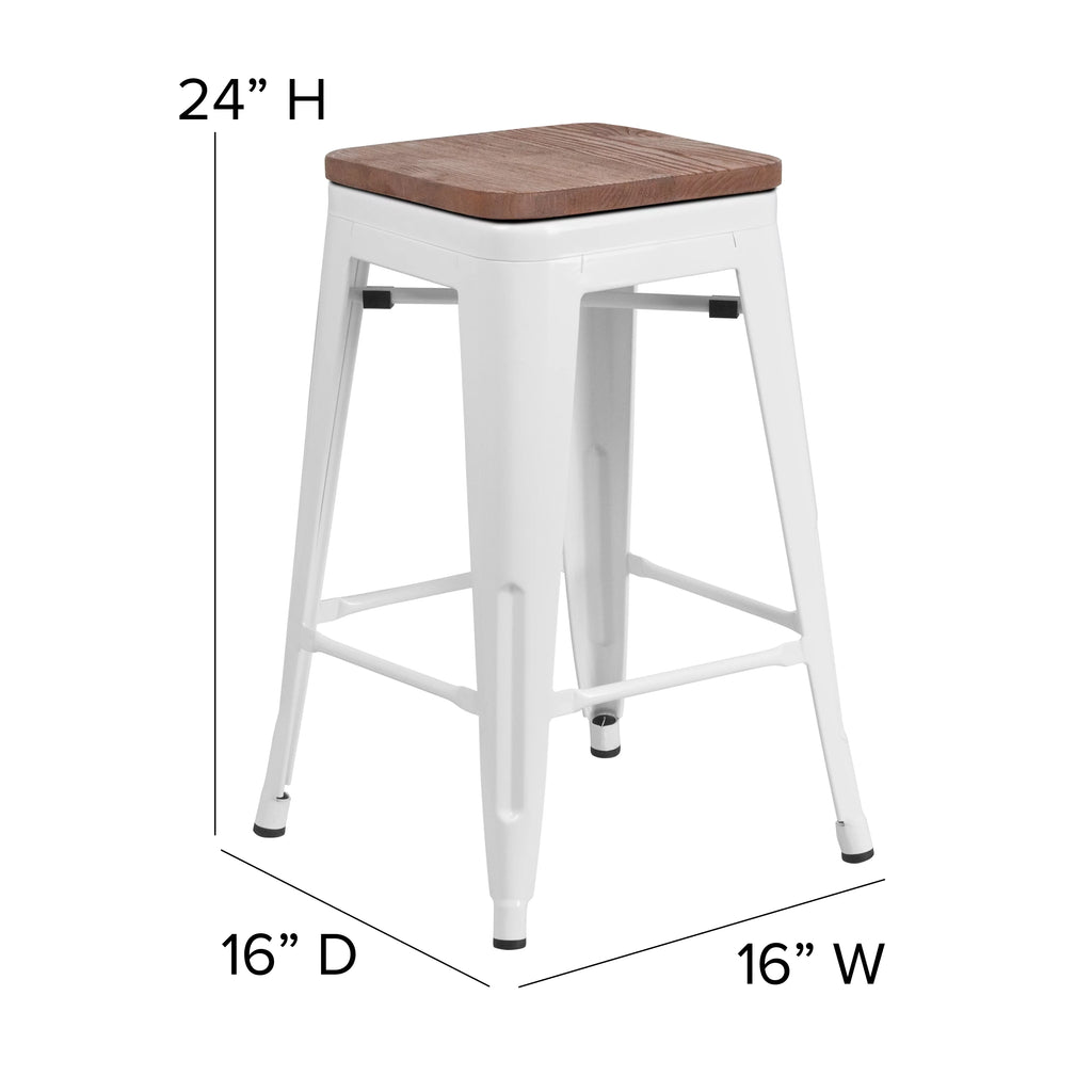 White Metal Counter Height Dining Stool with Wooden Seat O59655